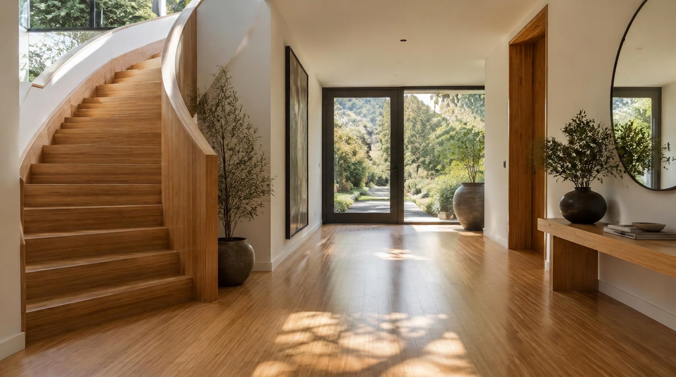 Escalier et parquet en bambou dans une entrée lumineuse