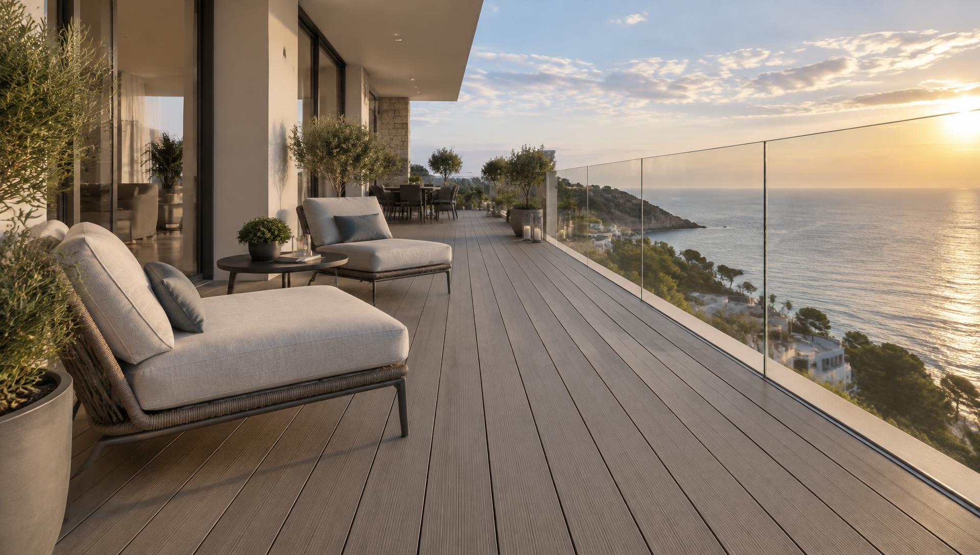 Terrasse composite DeckooTouch sur un balcon avec vue mer